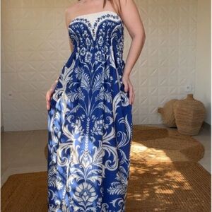 FARM Rio Blue and Cream Santorini Strapless Maxi Dress